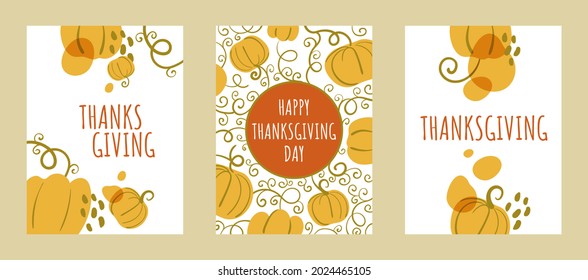 Juego de cartas con formas de calabaza abstractas para el Día de Acción de Gracias. Celebraciones de la cosecha del otoño. Ilustración vectorial plana
