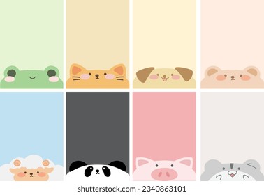 Set of cards with adorable animals. Vector illustration of cute animal heads and faces.	
