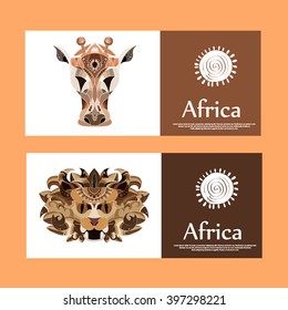 Set of cards with African animals, cards for text, africa, abstract masks giraffe and lion, wild animals