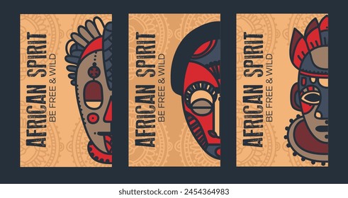 Set of cards for african spirit with traditional masks, can be used for ethnic museum or souvenir shop, vector illustration 