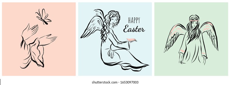 Set of cards with angels. Biblical heavenly symbol of man with wings. Decor for greeting retro cards for Christmas, Easter and other religious holidays.