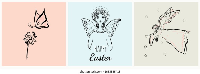 Set of cards with angels. Biblical heavenly symbol of man with wings. Decor for greeting retro cards for Christmas, Easter and other religious holidays.