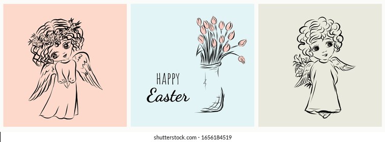 Set of cards with angels. Biblical heavenly symbol of man with wings. Decor for greeting retro cards for Christmas, Easter and other religious holidays.