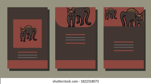 Set of cards with angry cats, cartoon style, brown background, red background, brown, rearing fur, arched back, red eyes, ferocious, mystic, Halloween, postcard template, black cat, funny, tail, magic