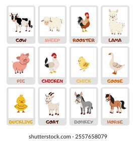 Set cards with animals. Domestic farm animals. For kids development and education. Cute sheep, cow, horse, goose, pig, chicken, goat.