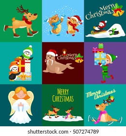 set cards animals winter holiday, penguins card,North Polar bears,  elf anddeer skating,animal walrus,vector  angel.Merry Christmas Happy New Year