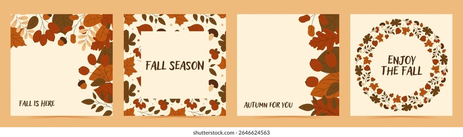 Set of cards with autumn design. Flat fall elements berries, leaves, acorn and more and text. Vector illustration