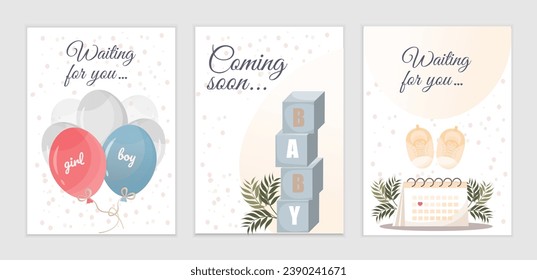 Set of cards for baby birth party with balloons in pink and blue color, baby shower party concept, gender reveal party concept, flat vector illustration