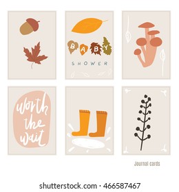 Set of cards for baby shower. Autumn. Decor for invitations, journal cards, greeting cards, posters, blogging. Children's illustration.