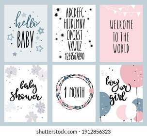 A set of cards for baby shower or birthday. Hand drawn alphabet for any text