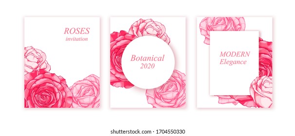 Kartenset, Hintergründe, Decken mit rosafarbenen Rosen. Romantisches modernes minimales Design. Elegantes, schönes Design für Einladung.