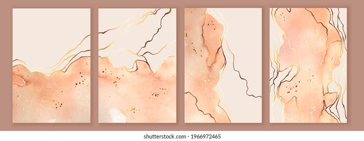 Set of cards, backgrounds with watercolor, ink wash in warm colors. Golden lines, splatters. Elegant card, wall art design.