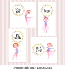 Set of cards with ballerina and floral wreath. 