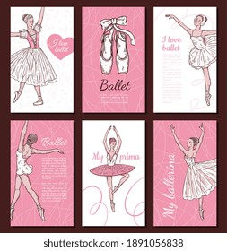 Set of cards with ballerina and lettering phrases, sketch hand drawn vector illustration. Collection of posters or cards on ballet and classic dancing art theme.