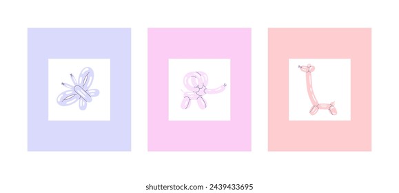 Set of Cards with Balloons. Balloons animals set. Collection of cute animal birthday invitations. Children's Greeting Cards. Butterfly, Elephant, Giraffe. Vector illustration
