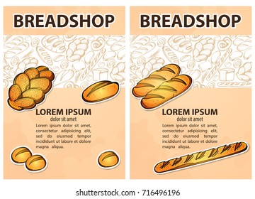 Set of cards, or banner, or booklet from vector wheaten loaves and handwritten vintage lettering. Colored illustration isolated on beige background