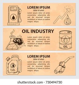 Set of cards, or banner, or booklet of vector gasoline, tank or cistern, octane, gas station, gas, canister and handwritten vintage lettering. Monochrome illustration isolated on beige background