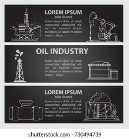 Set of cards, or banner, or booklet of vector sun, solar panels, oil, windmill, dam and handwritten vintage lettering. Monochrome illustration isolated on black background