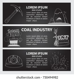 Set of cards, or banner, or booklet of vector pickaxe, shovel, cart, lantern, puncher, coal and handwritten vintage lettering. Monochrome illustration isolated on black background