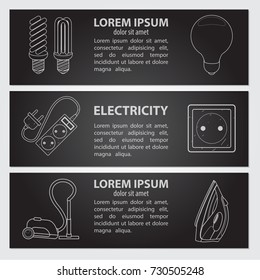 Set of cards, or banner, or booklet of vector light bulb, outlet, extension cord, iron, vacuum cleaner and handwritten vintage lettering. Monochrome illustration isolated on black background