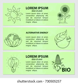 Set of cards, or banner, or booklet of vector plant, sun, earth, sunflower, corn, electric lamp and handwritten vintage lettering. Monochrome illustration isolated on green background