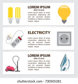 Set of cards, or banner, or booklet of vector light bulb, outlet, extension cord, iron, vacuum cleaner and handwritten vintage lettering. Colored illustration isolated on white background