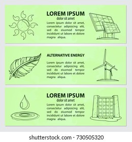 Set of cards, or banner, or booklet of vector sun, solar panels, oil, windmill, dam and handwritten vintage lettering. Monochrome illustration isolated on green background