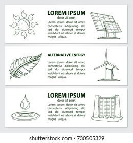 Set of cards, or banner, or booklet of vector sun, solar panels, oil, windmill, dam and handwritten vintage lettering. Monochrome illustration isolated on white background