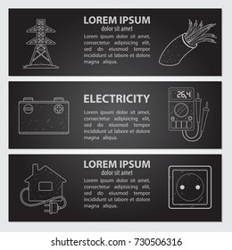Set of cards, or banner, or booklet of vector electric tower, voltmeter, ammeter, socket, plug and handwritten vintage lettering. Monochrome illustration isolated on black background