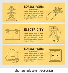 Set of cards, or banner, or booklet of vector electric tower, voltmeter, ammeter, socket, plug and handwritten vintage lettering. Monochrome illustration isolated on beige background