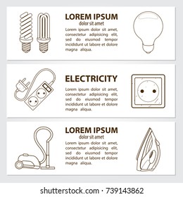 Set of cards, or banner, or booklet of vector light bulb, outlet, extension cord, iron, vacuum cleaner and handwritten vintage lettering. Monochrome illustration isolated on white background
