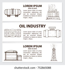 Set of cards, or banner, or booklet of vector cistern or tank, factory, plant, oil refinery, oil derrick, safe, oil base and handwritten vintage lettering. 