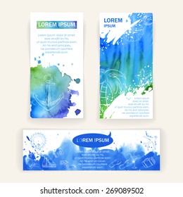 set of cards and a banner with watercolor background. Vector illustration. Doodles summer style sketches. Hand drawing texture.