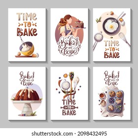 Set of cards or banners for baking, bakery shop, cooking, sweet products, dessert, pastry. A4 Vector illustration for poster, banner, card, postcard, cover, menu, advertising.