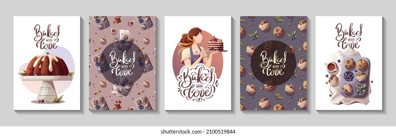 Set Of Cards Or Banners For Baking, Bakery Shop, Cooking, Sweet Products, Dessert, Pastry. A4 Vector Illustrations For Poster, Banner, Card, Postcard, Cover, Menu, Advertising.