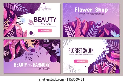 Set of cards and banners for beauty center, flower shop, spa or florist salon for web or design templates. Trendy textured flat vector illustration with violet and pink vibrant bright gradient plants