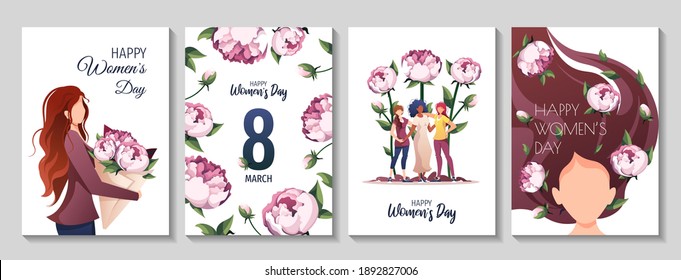 Set of cards or banners for International Women's Day, 8 March. Women with peonies. A4 vector illustration for poster, postcard, flyer.