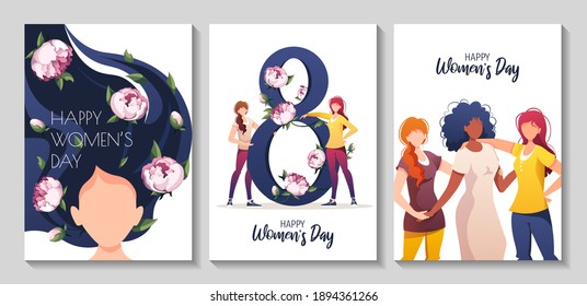 Set Of Cards Or Banners For International Women's Day, 8 March. Women With Peonies. Square Vector Illustrations For Poster, Postcard, Flyer, Card.