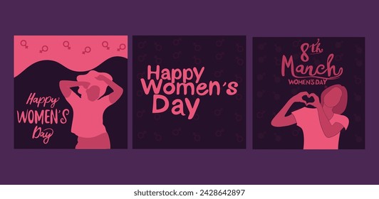 Set of cards or banners for International Women's Day, 8 March. Pink women. Square vector illustrations for poster, postcard, flyer, card.