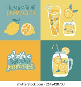 Juego de tarjetas o carteles con frasco, glasse, refresco de cítricos y inscripción grabada a mano Lemonade. Bebidas refrescantes con limón, menta, cubos de hielo, agua. Ilustración plana vectorial.