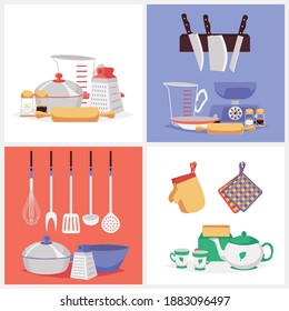 Set cards or banners with kitchen utensils and crockery for food preparing, flat vector illustration. Cooking utensils and kitchenware home and restaurant equipment.