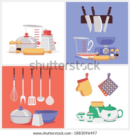 Set cards or banners with kitchen utensils and crockery for food preparing, flat vector illustration. Cooking utensils and kitchenware home and restaurant equipment.
