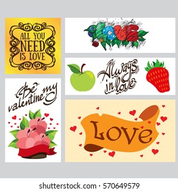 A set of cards, banners and leaflets for decoration of gifts on Valentine's Day.
