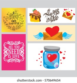 A set of cards, banners and leaflets for decoration of gifts on Valentine's Day.