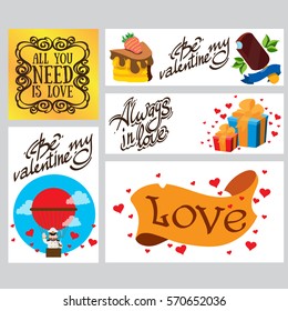 A set of cards, banners and leaflets for decoration of gifts on Valentine's Day.