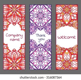 Set of cards or banners with oriental symmetric ornaments. Vector ethnic design