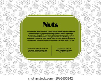 Set of cards (banners, tags, package) with hand DRAW nuts - hazelnut, almond, pistachio, cashew, walnut, peanut, pine nuts. Modern vector illustration isolated on white background.