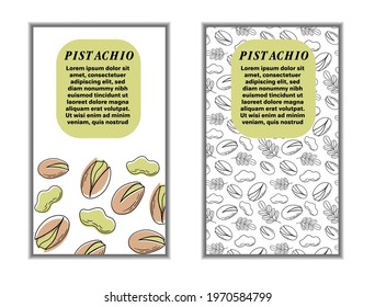 Set of cards (banners, tags, package) with hand DRAW nuts - hazelnut, pistachio. Modern vector illustration isolated on white background.