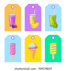 Set of cards banners tags package labels with cartoon ice cream and smoothies