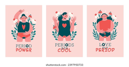 Set of cards, banners template with women during menstruation. Happy woman, girl, young lady in panties, underwear with menses, flowers, plants, leaves. Period Power. Healthy lifestyle concept.